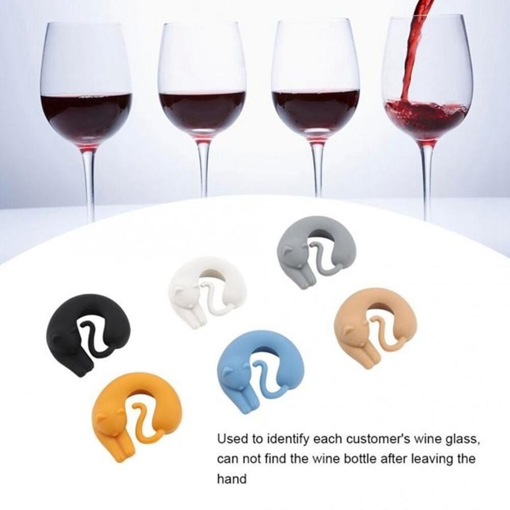 Cats Kittens Wine Glass Markers Silicone Multi-Color Set of 6